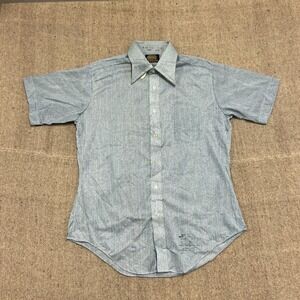 Vintage Sears Button Up Shirt Mens Large Blue 1970s Short Sleeve Deadstock